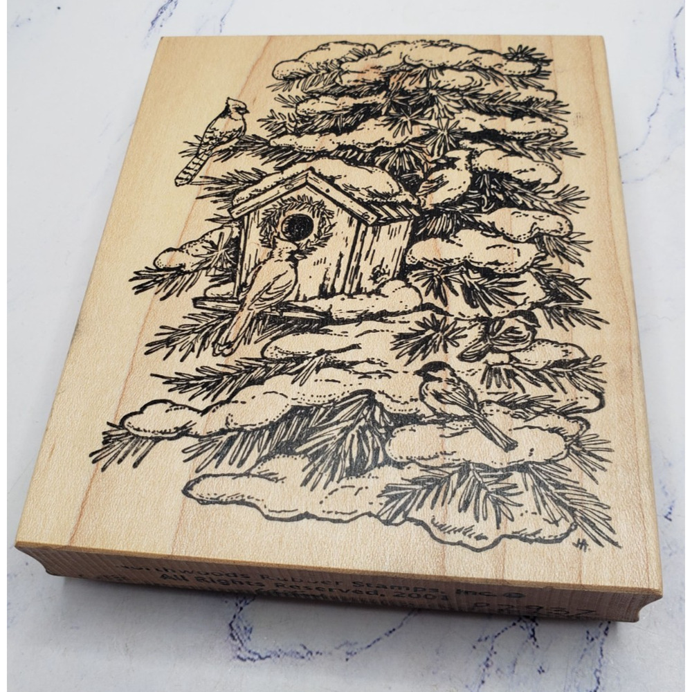 Northwoods Rubber Stamp Snow Birds Perched in Pine Tree Mounted Rubber Stamp